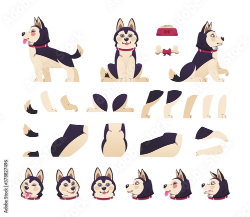 Dog animation. Cute cartoon pet motion set with moving body parts, happy puppy different postures. Vector collection of animal emotions, flat design