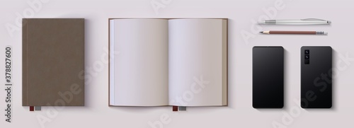 Planner mockup. Realistic open and closed diary with pen, pencil, and phone, business set for brand identity and advertising. Vector accessories of a successful businessman with overlay shadow effect