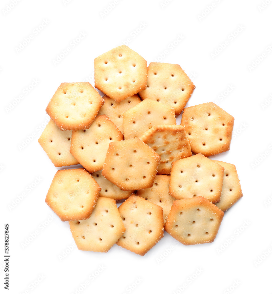 Delicious crispy crackers isolated on white, top view Delicious crispy crackers isolated on white, top view