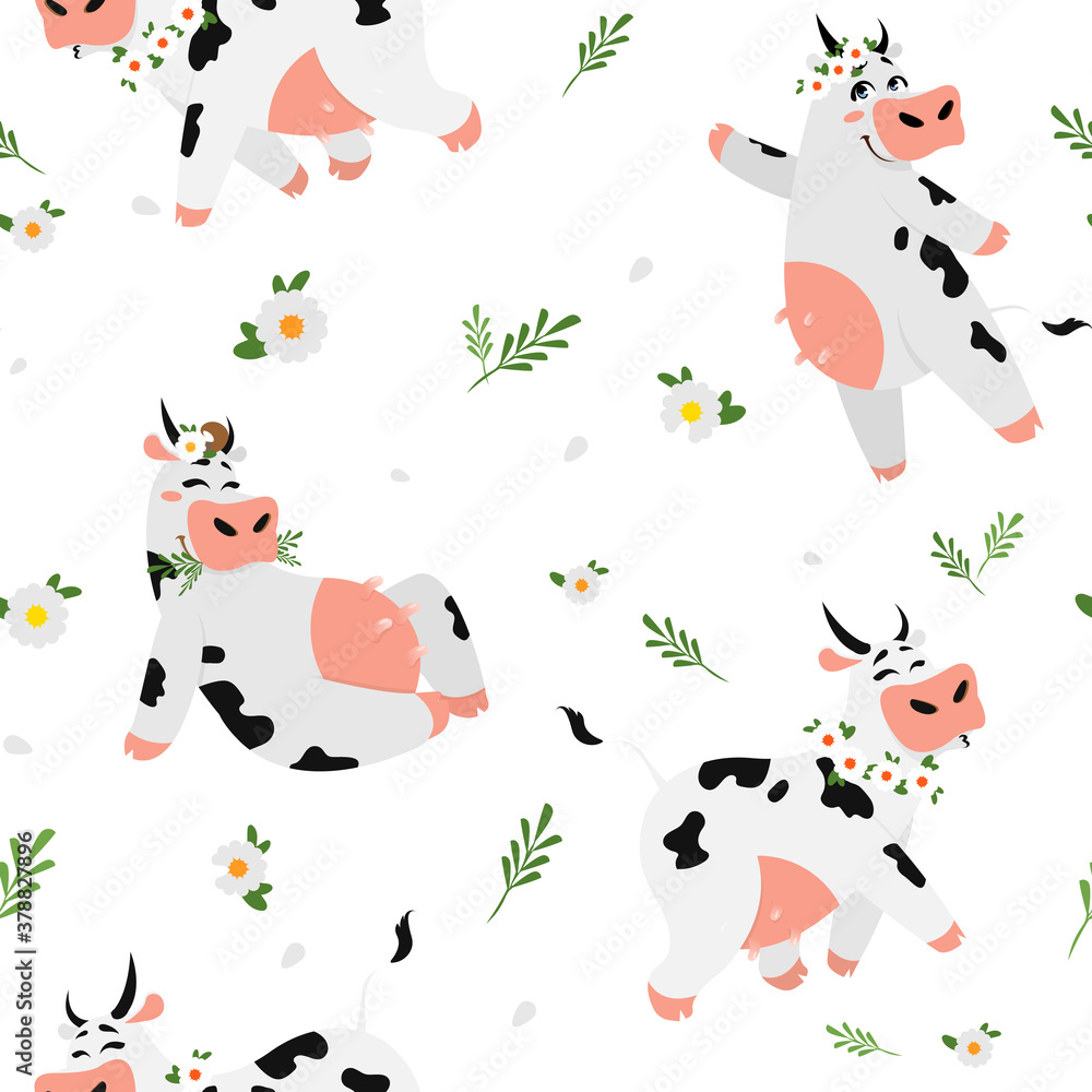 Cute cow pattern. Seamless texture with funny animal character in different poses with glass of milk. Vector illustration textile pattern with emotional dreams cow in spots Cute cow pattern. Seamless texture with funny animal character in different poses with glass of milk. Vector illustration textile pattern with emotional dreams cow in spots