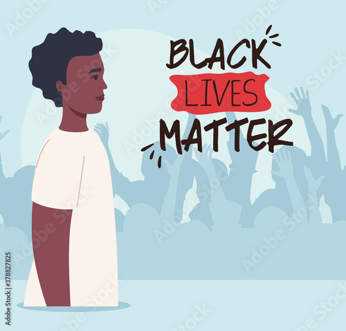 black lives matter, man African with silhouette of protesting people, stop racism vector illustration design