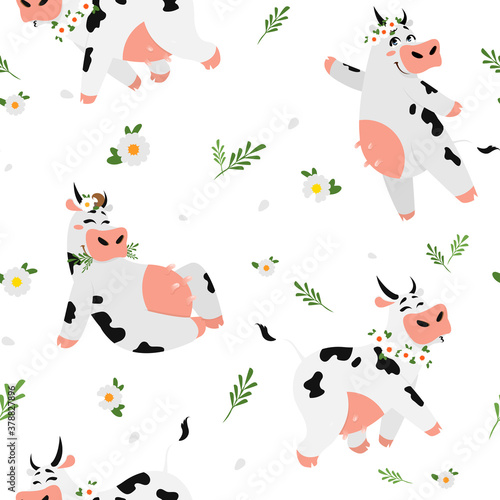 Fototapeta Naklejka Na Ścianę i Meble -  Cute cow pattern. Seamless texture with funny animal character in different poses with glass of milk. Vector illustration textile pattern with emotional dreams cow in spots