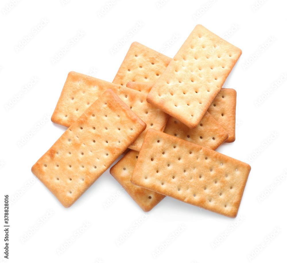 Delicious crispy crackers isolated on white, top view Delicious crispy crackers isolated on white, top view