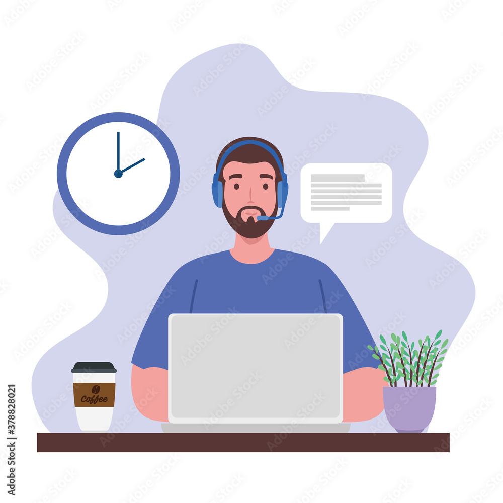 telework, agent male call center working from home scene vector illustration design telework, agent male call center working from home scene vector illustration design