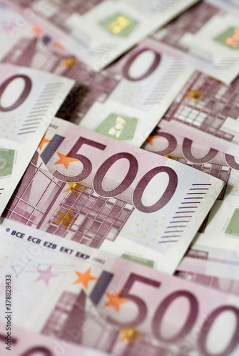 Close-up of five hundred Euro banknotes