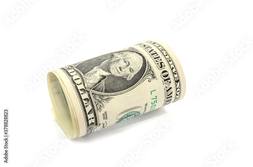 rolled 1 dollar bill isolated on white background.
