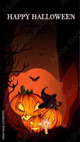 stylized Halloween poster design. Image of large pumpkins and a cat in a fairy-tale forest. Perfect for postcards, flyers, invitations. EPS10