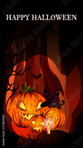 stylized Halloween poster design. Image of large pumpkins and a cat in a fairy-tale forest. Perfect for postcards, flyers, invitations. EPS10