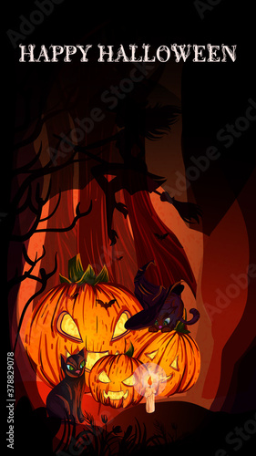 stylized Halloween poster design. Image of large pumpkins and a cats in a fairy-tale forest. Perfect for postcards, flyers, invitations. EPS10