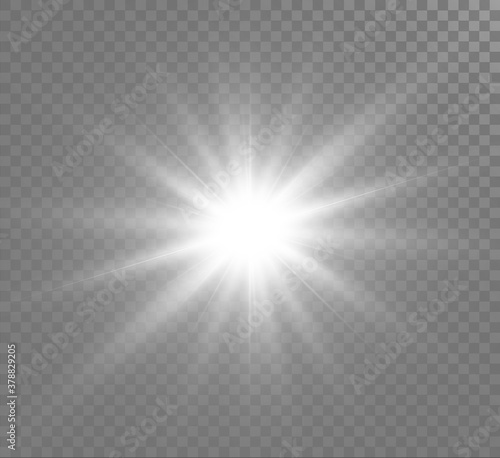 White glowing light explodes on a transparent background. Sparkling magical dust particles. Bright Star. Transparent shining sun, bright flash