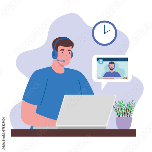 telework, man working from home in video conference with teamwork vector illustration design
