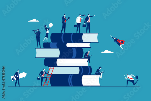 Career and employee concept. The business team is working on a large stack of books. Business vector illustration.