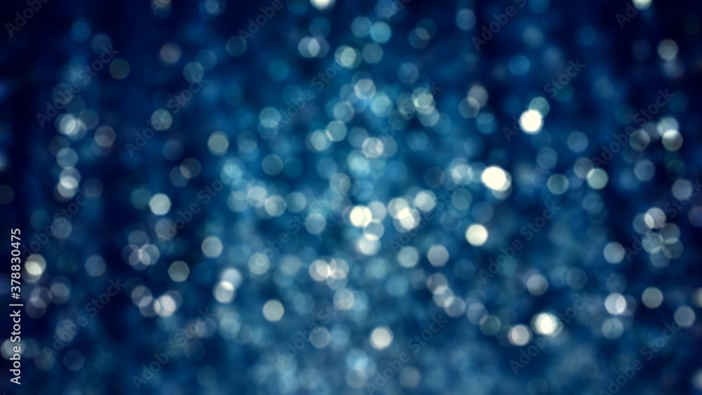 Blue sparkle glitter tinsel with bokeh effect and selective focus. Festive background with bright gold raining lights. Abstract 3D illustration Christmas and New Year's Eve concept texture template.