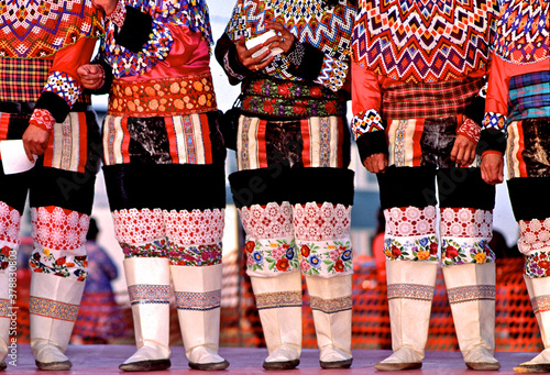 Closeup of Greenlandic National Costume worn by Inuit women performing traditional dance at the Great Northern Arts Festival in Inuvik, NWT, Canada  photo