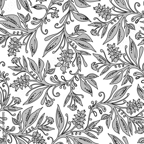 Floral seamless pattern with leaves and berries in grayscale. Hand drawing. Background for title, blog, decoration. Design for wallpapers, textiles, fabrics.
