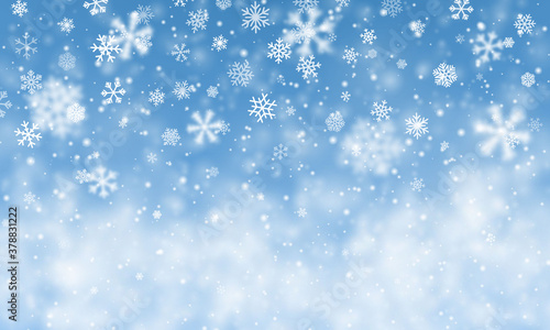 Christmas snow. Falling snowflakes on blue background. Snowfall. Vector illustration