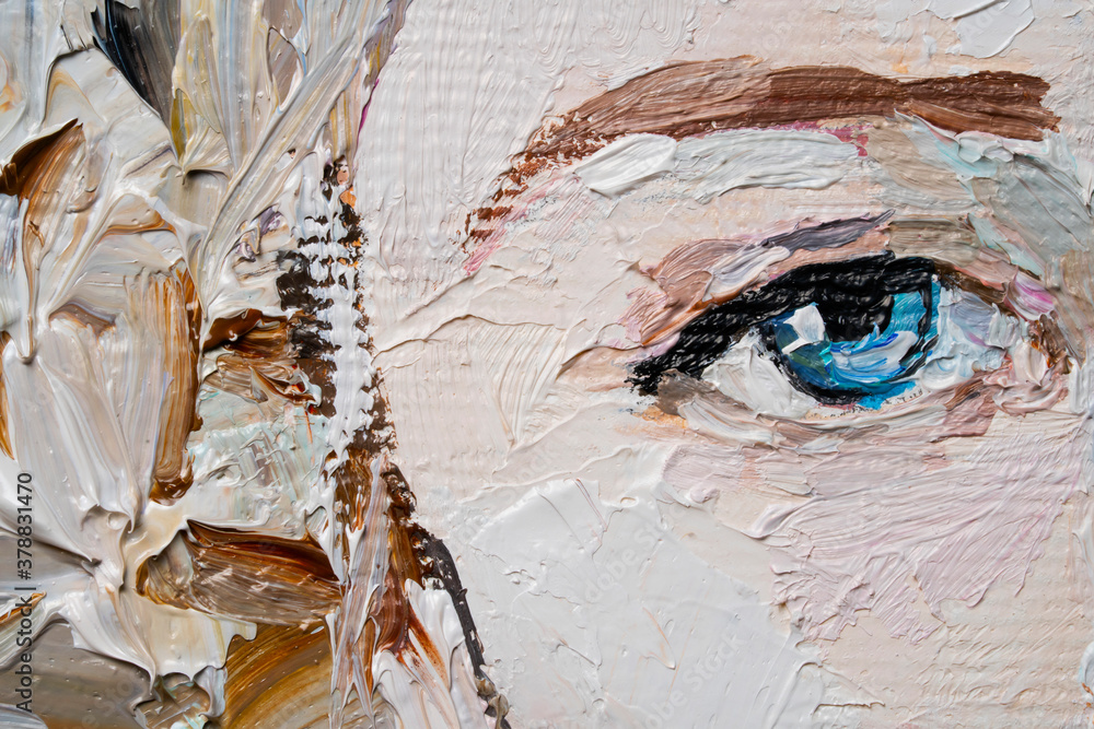 Young girl with beautiful mysterious blue eyes.Textured art. Fragment of oil painting.