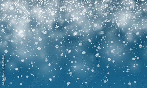 Christmas snow. Falling snowflakes on blue background. Snowfall. Vector illustration