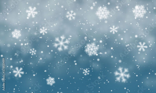 Christmas snow. Falling snowflakes on blue background. Snowfall. Vector illustration