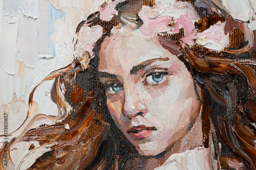 Fototapeta Naklejka Na Ścianę i Meble -  Portrait of a young, dreamy girl with curly brown hair on a mysterious abstract background. The painting is created in oil with expressive brush strokes.