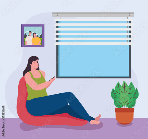 telework, young woman working from home vector illustration design