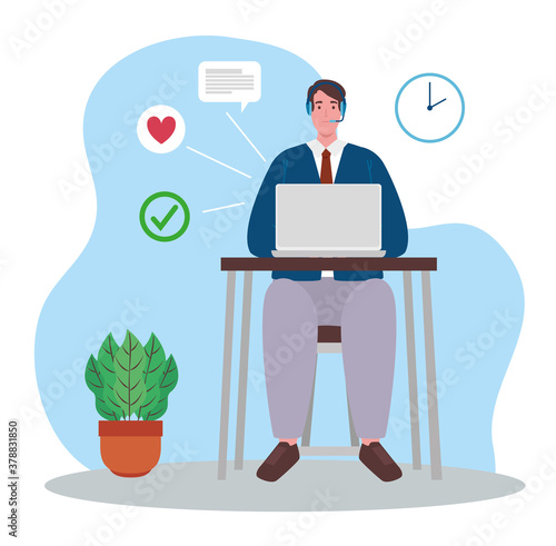 telework, agent male call center working from house scene vector illustration design