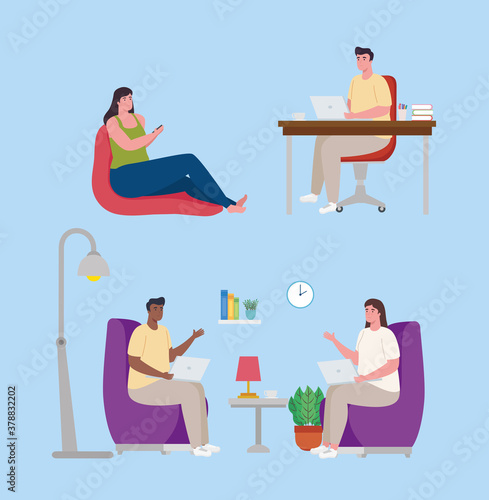 scenes telework, people working from home vector illustration design