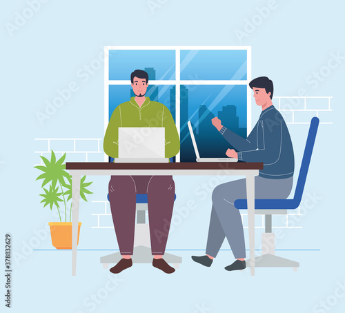 coworking space, men with laptops in desk, concept of team working vector illustration design