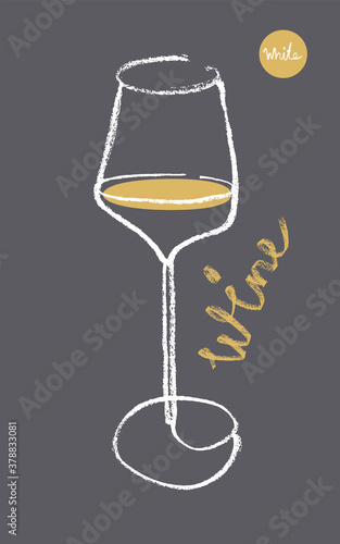 Wine glass icon for logo design. Hand-drawn line art with artistic pencil texture. Symbol of wine glass for emblem vineyard, organic wines banner, autumn wine festival, bar sign template. White wines.