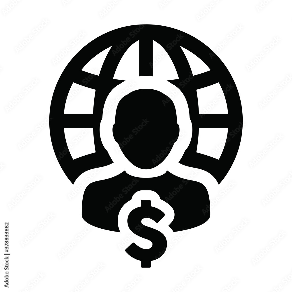 Send money icon vector globe dollar sign currency money with male person profile avatar symbol for a business network in a flat color glyph pictogram illustration Send money icon vector globe dollar sign currency money with male person profile avatar symbol for a business network in a flat color glyph pictogram illustration