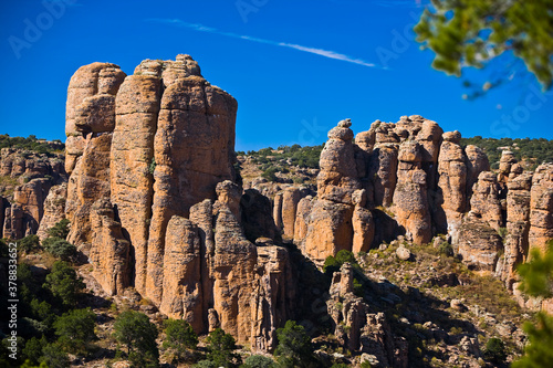 Rock formations on a landscape, Sierra De Organos, Sombrerete, Zacatecas State, Mexico