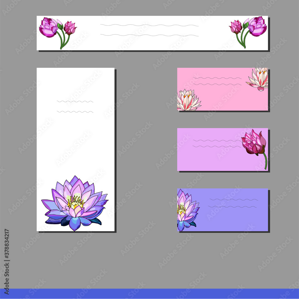 Botanical design of wedding invitation template, lotus on blue, pink, white background.