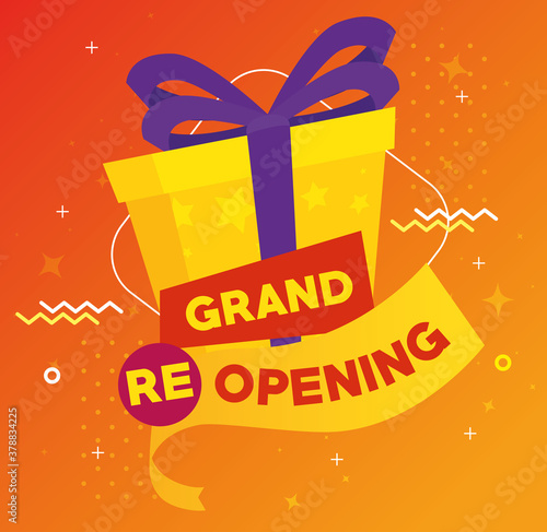 banner of grand reopening with gift box present vector illustration design
