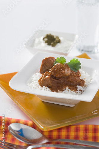 Close-up of mutton curry served with rice