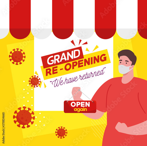 grand reopening, we have returned, man hanging label open lettering, after quarantine due to covid 19 vector illustration design