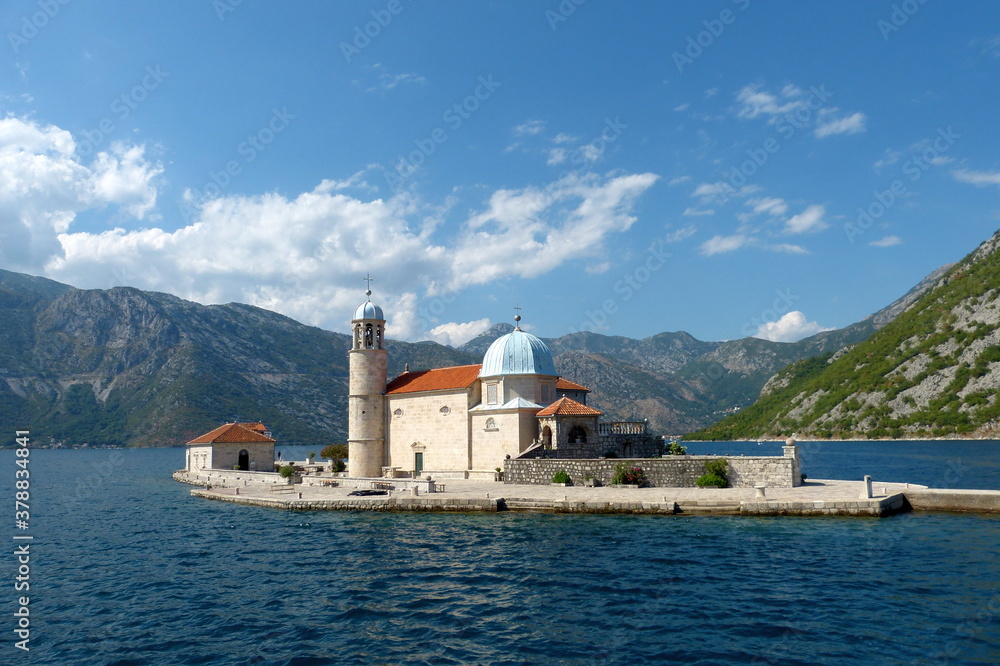 Scenic island of Gospa od Skrpela, Boka Kotor Bay, Perast, Montenegro. Crkva Gospa od Skrpjela.