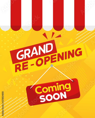 grand reopening banner, with coming soon label and parasol vector illustration design