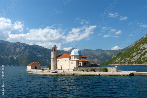 Scenic island of Gospa od Skrpela, Boka Kotor Bay, Perast, Montenegro. Crkva Gospa od Skrpjela.