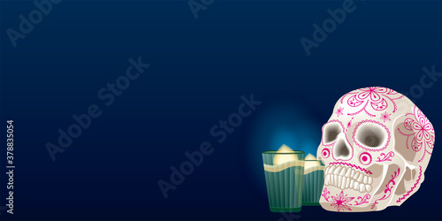 Halloween Dia De Los Muertos celebration background with skull and candles
