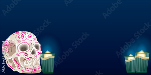 Halloween Dia De Los Muertos celebration background with skull and candles