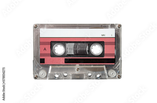 Valokuva Close up of retro music audio tape cassette isolated on white background