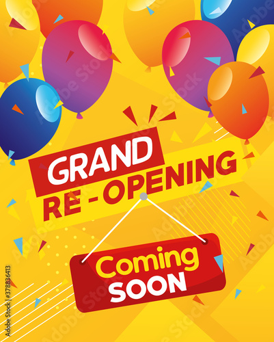 banner of grand reopening, coming soon with balloons helium decoration vector illustration design