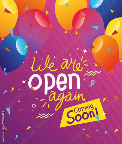 banner of we are open again coming soon with balloons helium vector illustration design