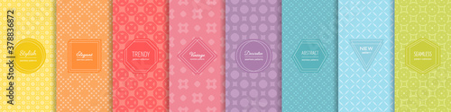 Rainbow vector geometric seamless patterns collection. Set of bright colorful backgrounds with elegant minimal labels. Cute abstract textures. Pattern design template for babies, kids, decoration