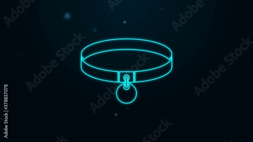 Glowing neon line Collar with name tag icon isolated on black background. Simple supplies for domestic animal. Cat and dog care. Pet chains. 4K Video motion graphic animation.