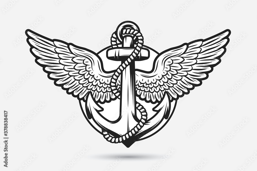 Anchor Tattoo Illustration, Anchor, rope, wings Black Vector tattoo