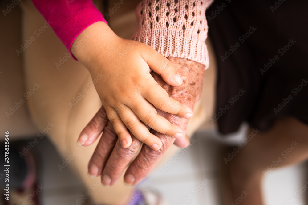 close up detail of female hands multigenerational family over each other. commitment, aging, care, support, unity concept. - obrazy, fototapety, plakaty 