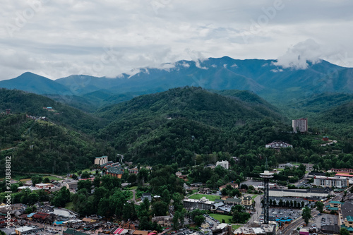 A high angle aerial view of Gatlinburg Tennessee and the Great Smoky Mountains © Ursula Page