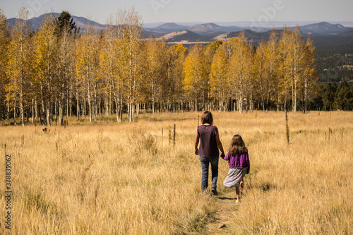 Mother and Daughter walking in field with aspen trees in the fall in Flagstaff  Arizona  USA