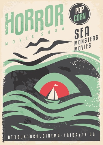 Sea monster theme cinema movie in retro style. Vector vintage image.